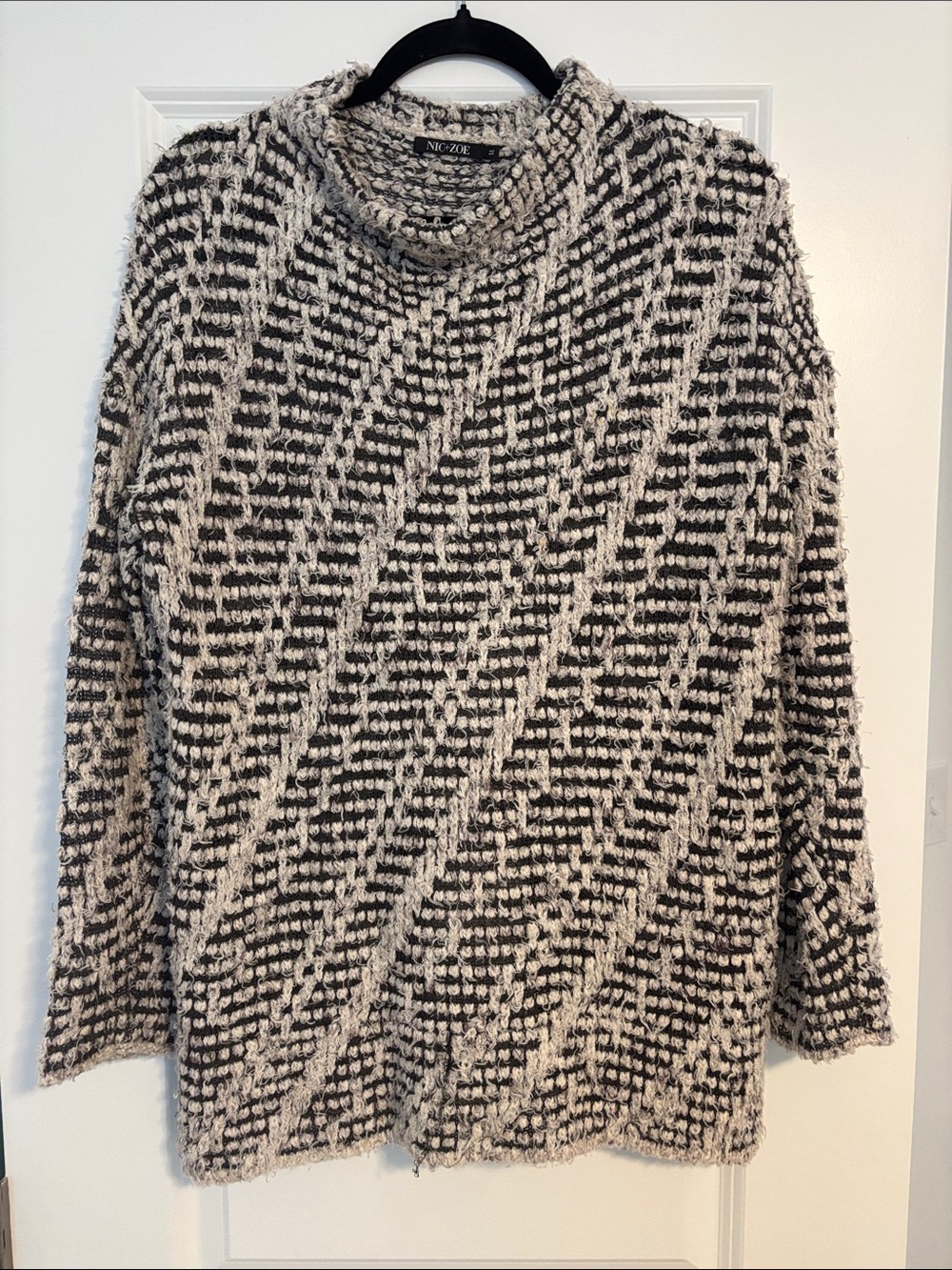 NIC+ZOE Black and Cream Bouclé Funnel Neck Sweater
